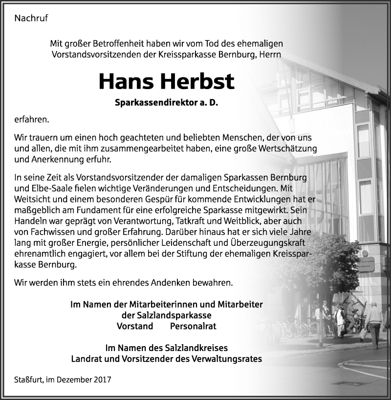  Traueranzeige für Hans Herbst vom 30.12.2017 aus Mitteldeutsche Zeitung Bernburg