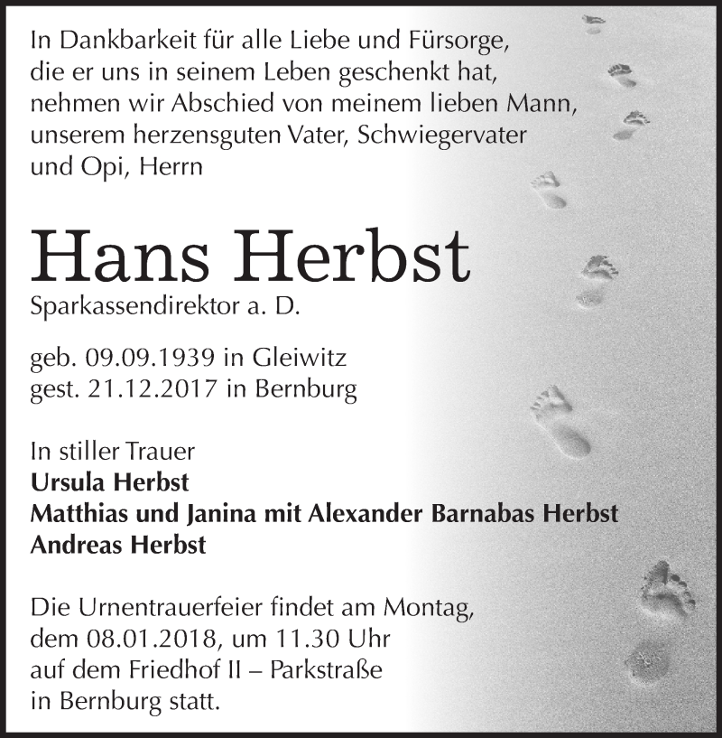  Traueranzeige für Hans Herbst vom 30.12.2017 aus Mitteldeutsche Zeitung Bernburg