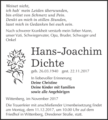 Traueranzeige von Hans-Joachim Dichte von WVG - Wochenspiegel Wittenberg