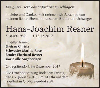 Traueranzeige von Hans-Joachim Resner von Mitteldeutsche Zeitung