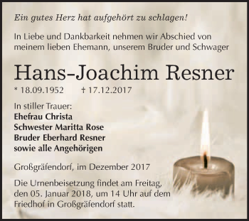 Traueranzeige von Hans-Joachim Resner von WVG - Wochenspiegel Merseburg