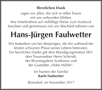 Traueranzeige von Hans-Jürgen Faulwetter von Super Sonntag Wittenberg