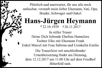 Traueranzeige von Hans-Jürgen Heymann von Mitteldeutsche Zeitung Bitterfeld