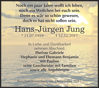 Traueranzeige von Hans-Jürgen Jung von WVG - Wochenspiegel NMB / WSF / ZTZ