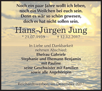 Traueranzeige von Hans-Jürgen Jung von Mitteldeutsche Zeitung Weißenfels
