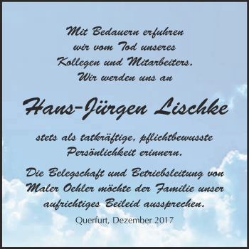 Traueranzeige von Hans-Jürgen Lischke von WVG - Wochenspiegel Merseburg