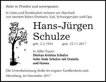 Traueranzeige von Hans-Jürgen Schulze von WVG - Wochenspiegel Merseburg