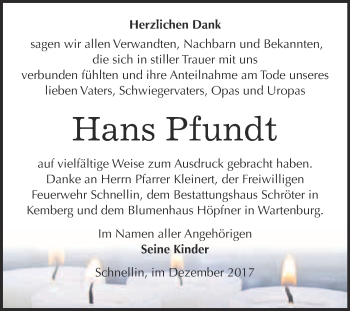 Traueranzeige von Hans Pfundt von WVG - Wochenspiegel Bitterfeld