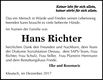 Traueranzeige von Hans Richter von Mitteldeutsche Zeitung Dessau-Roßlau