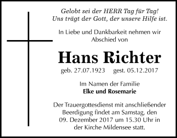 Traueranzeige von Hans Richter von Mitteldeutsche Zeitung Dessau-Roßlau