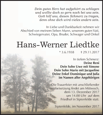 Traueranzeige von Hans-Werner Liedtke von WVG - Wochenspiegel Quedlinburg