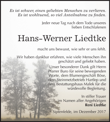 Traueranzeige von Hans-Werner Liedtke von Mitteldeutsche Zeitung