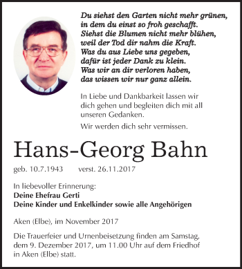 Traueranzeige von Hans Georg Bahn von Mitteldeutsche Zeitung Köthen
