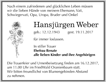 Traueranzeige von Hansjürgen Weber von Mitteldeutsche Zeitung Dessau-Roßlau