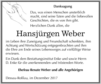Traueranzeige von Hansjürgen Weber von Mitteldeutsche Zeitung Dessau-Roßlau