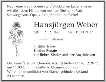Traueranzeige von Hansjürgen Weber von WVG - Wochenspiegel Dessau / Köthen