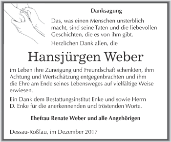 Traueranzeige von Hansjürgen Weber von WVG - Wochenspiegel Dessau / Köthen