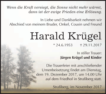 Traueranzeige von Harald Krügel von WVG - Wochenspiegel Quedlinburg