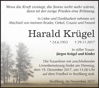 Traueranzeige von Harald Krügel von Mitteldeutsche Zeitung Quedlinburg