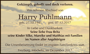 Traueranzeige von Harry Puhlmann von WVG - Wochenspiegel NMB / WSF / ZTZ