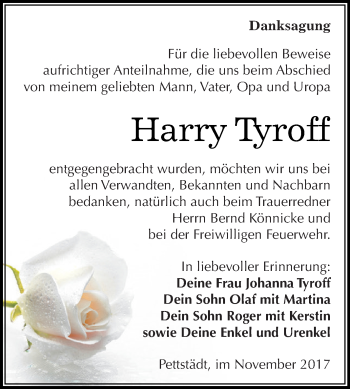 Traueranzeige von Harry Tyroff von WVG - Wochenspiegel NMB / WSF / ZTZ