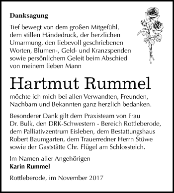 Traueranzeige von Hartmut Rummel von Mitteldeutsche Zeitung Sangerhausen
