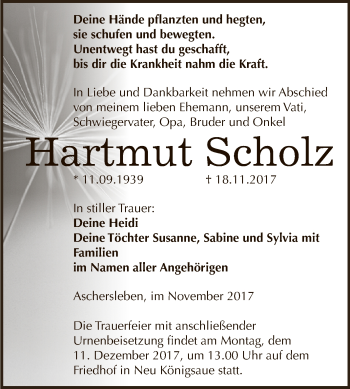 Traueranzeige von Hartmut Scholz von Super Sonntag Aschersleben