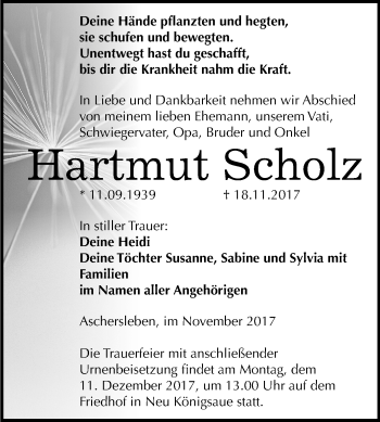 Traueranzeige von Hartmut Scholz von Mitteldeutsche Zeitung Aschersleben