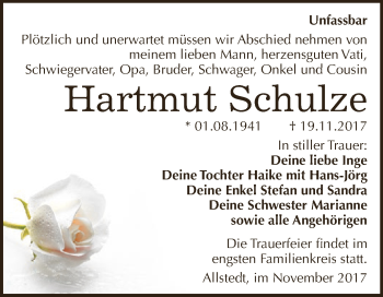 Traueranzeige von Hartmut Schulze von Super Sonntag SGH Mansf. Land