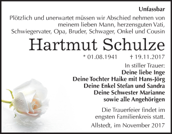 Traueranzeige von Hartmut Schulze von Mitteldeutsche Zeitung Sangerhausen