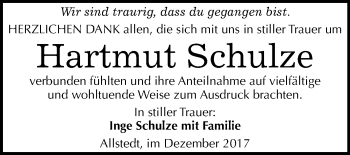 Traueranzeige von Hartmut Schulze von Mitteldeutsche Zeitung Sangerhausen
