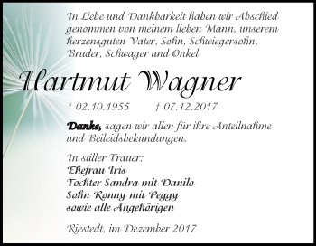 Traueranzeige von Hartmut Wagner von WVG - Wochenspiegel SGH