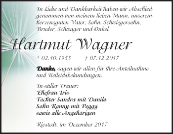Traueranzeige von Hartmut Wagner von Mitteldeutsche Zeitung Sangerhausen