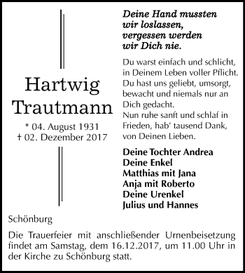 Traueranzeige von Hartwig Trautmann von Mitteldeutsche Zeitung