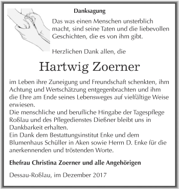 Traueranzeige von Hartwig Zoerner von WVG - Wochenspiegel Dessau / Köthen