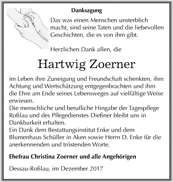Traueranzeige von Hartwig Zoerner von Mitteldeutsche Zeitung Dessau-Roßlau
