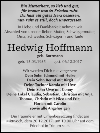 Traueranzeige von Hedwig Hoffmann von WVG - Wochenspiegel Dessau / Köthen