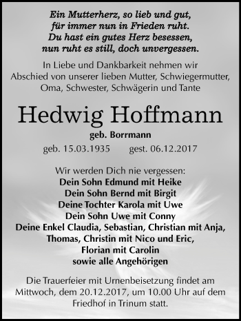 Traueranzeige von Hedwig Hoffmann von Mitteldeutsche Zeitung Köthen