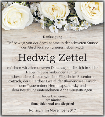 Traueranzeige von Hedwig Zettel von Mitteldeutsche Zeitung Bitterfeld