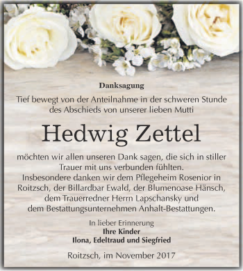 Traueranzeige von Hedwig Zettel von WVG - Wochenspiegel Bitterfeld