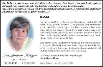 Traueranzeige von Heidemarie Hoyer von Mitteldeutsche Zeitung Sangerhausen