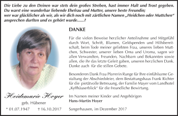 Traueranzeige von Heidemarie Hoyer von Super Sonntag SGH Mansf. Land