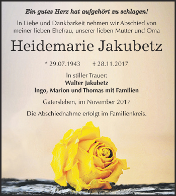 Traueranzeige von Heidemarie Jakubetz von Super Sonntag Aschersleben
