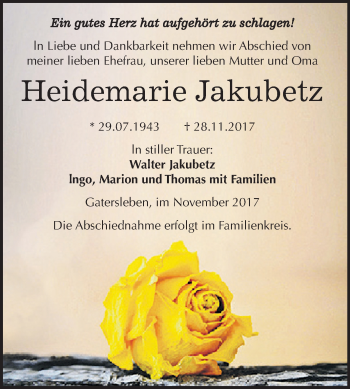 Traueranzeige von Heidemarie Jakubetz von Mitteldeutsche Zeitung Aschersleben