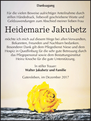 Traueranzeige von Heidemarie Jakubetz von Mitteldeutsche Zeitung Aschersleben