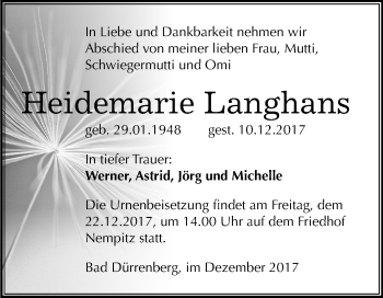 Traueranzeige von Heidemarie Langhans von Mitteldeutsche Zeitung Merseburg/Querfurt