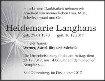 Traueranzeige von Heidemarie Langhans von Super Sonntag Merseburg