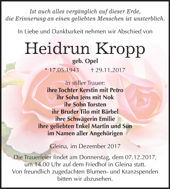 Traueranzeige von Heidrun Kropp von Mitteldeutsche Zeitung