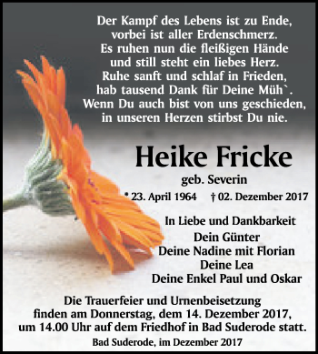 Traueranzeige von Heike Fricke von Mitteldeutsche Zeitung Quedlinburg