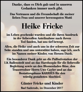 Traueranzeige von Heike Fricke von Mitteldeutsche Zeitung Quedlinburg